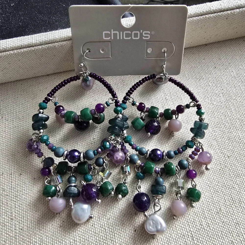 NWT Chico's Declan Green Purple Beaded‎ Chandelier Hoop Earrings Boho Statement